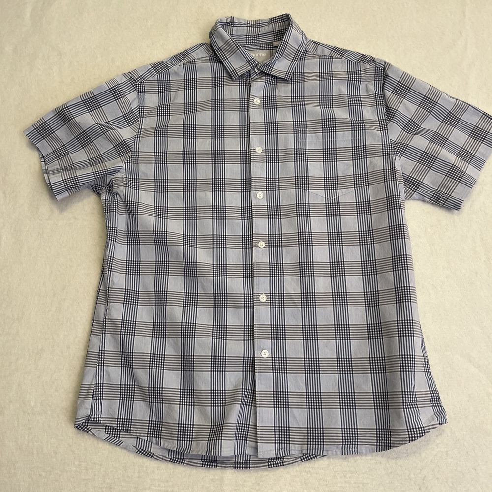 Claiborne Shirt Mens Large Blue Slim Fit Stretch Short Sleeve Button Plaid